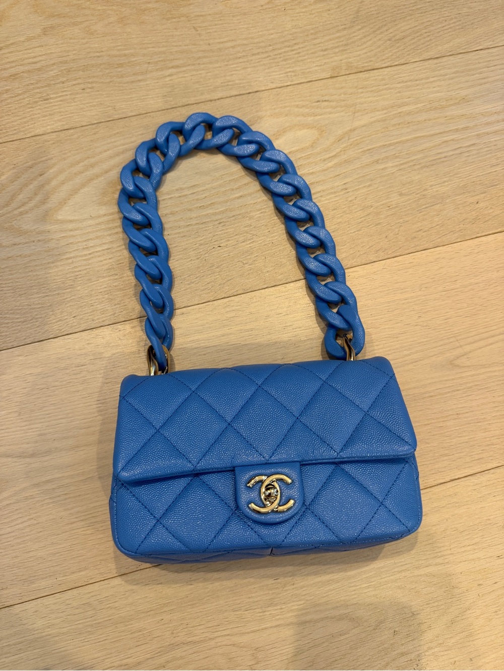 CHANEL Small Quilted Flap Bag in Bright Blue with Chain Strap